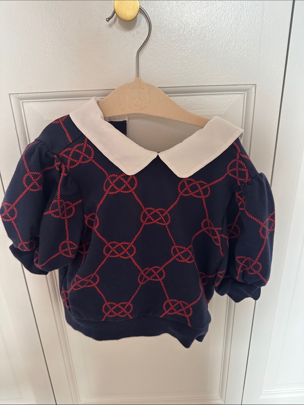 Janie and Jack Navy Sweatshirt with White Peter Pan Collar and Red Rope Print